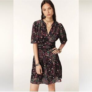 Ba&Sh Floral Print V Neck Short Sleeve Midi Dress Purple Green Women's Size‎ 1